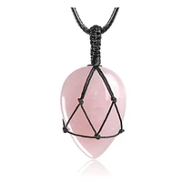 handmade weave water drop natural rose pink quartz pendant black rope chain necklace ethnic style jewelry