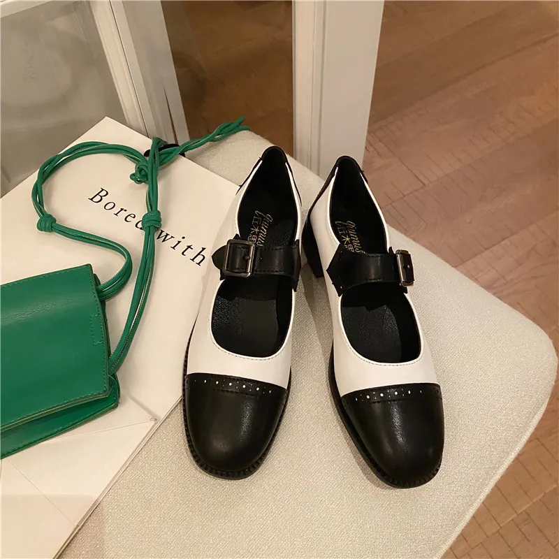 

Genuine Leather Shoes Women Flats Elegant Woman Mary Janes Fashion Brand Shoes Female Footwear Black White A2541