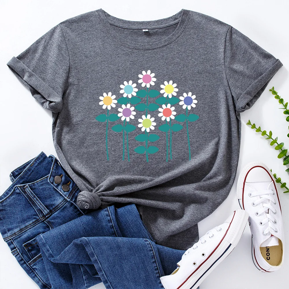 

Flowers Print Women Shirts 100%Cotton TShirt O Neck Short Sleeve Tees Summer T Shirt Plus Size Women T-Shirt Female Top S-5XL