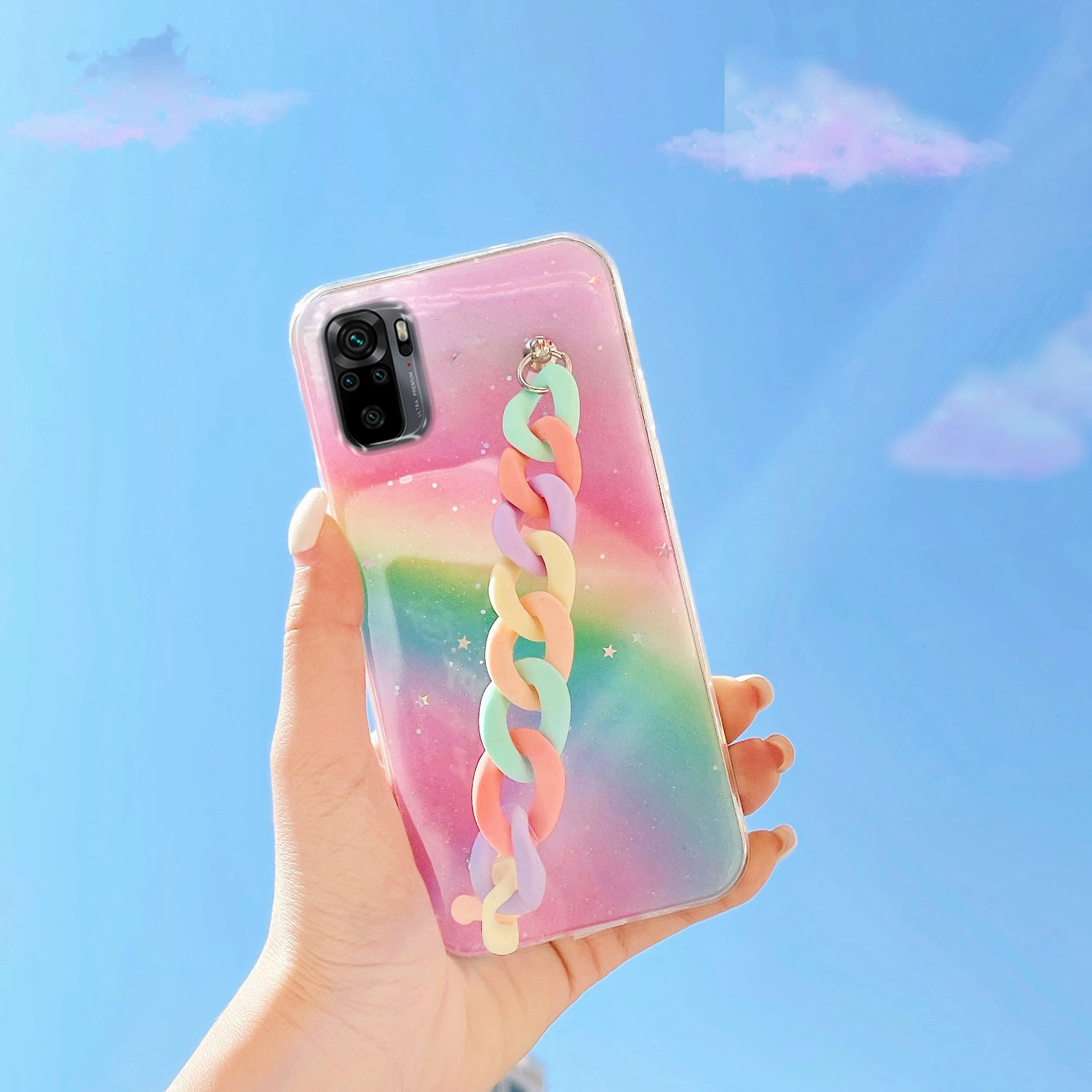 

Rainbow Stars Wrist Strap Phone Case For Xiaomi Redmi Note 10 9 Pro 10S 8T Mi Poco X3 Luxury Hand Band Note10s Protection Cover
