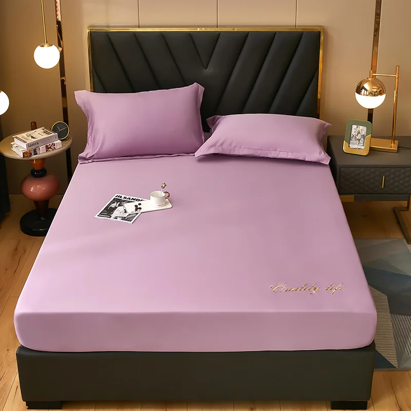 

2021 New 100%Polyester Four Corners With Elastic Band Bed Sheet Bedspread non-slip Simmons Mattress Cover Dustproof Purple Color