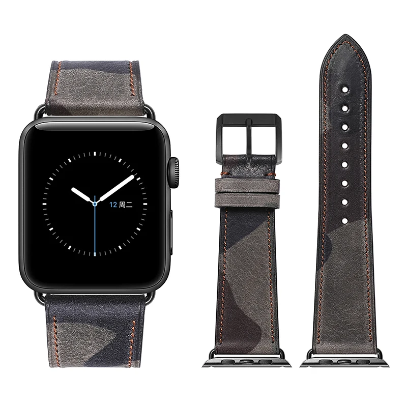 FOREST-Black buckle Ремешок для Apple Watch 38 мм 42 мм ремешок для Apple Watch 40 мм 44 мм камуфляжная серия 4/3 Серия 2 серия 1 кожаный браслет iWatch - Цвет ремешка: FOREST-Black buckle