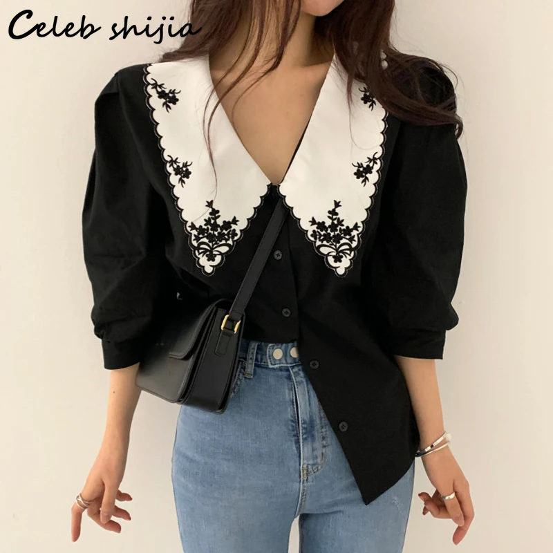 Женская винтажная блузка на пуговицах черная рубашка с коротким рукавом и