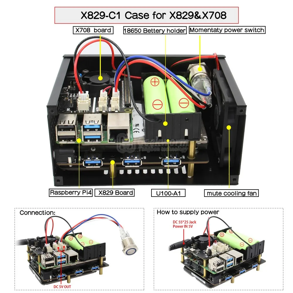 Для Raspberry Pi 4 X829 Dual 2 5 &quotSATA HDD/SSD Shield + X829-C1 чехол X708 UPS & Power Mgnt Board блок