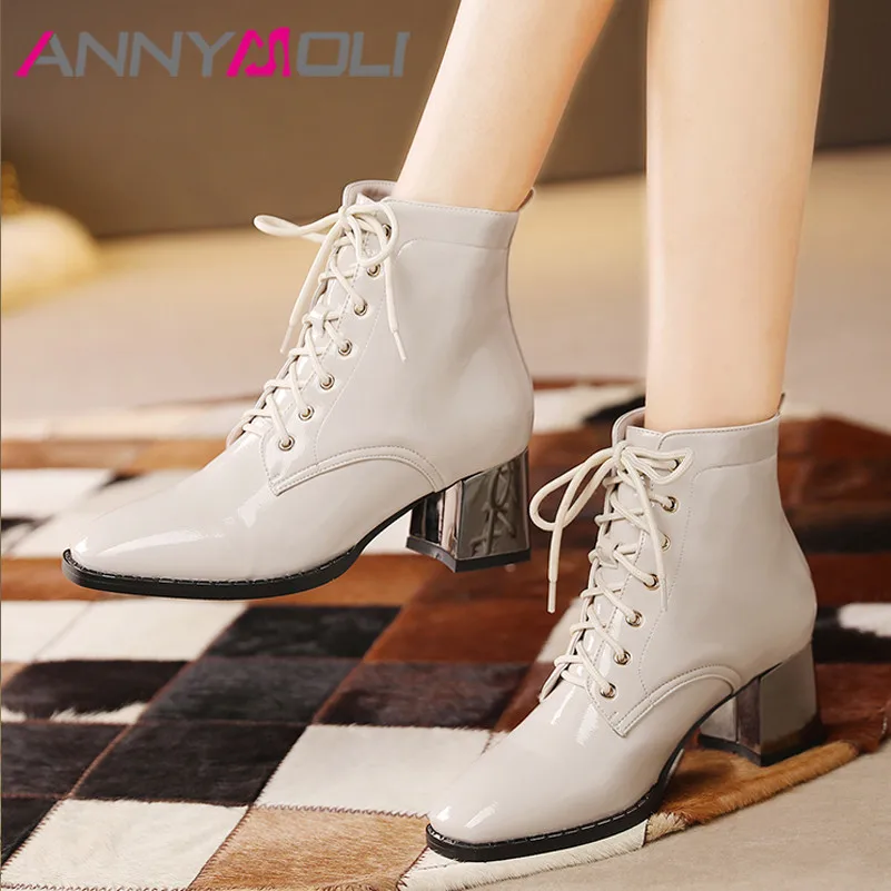

ANNYMOLI Ankle Boots High Heel Woman Boots Lace Up Short Boots Round Toe Thick Heel Female Shoes Autumn Winter Beige Big Size 43