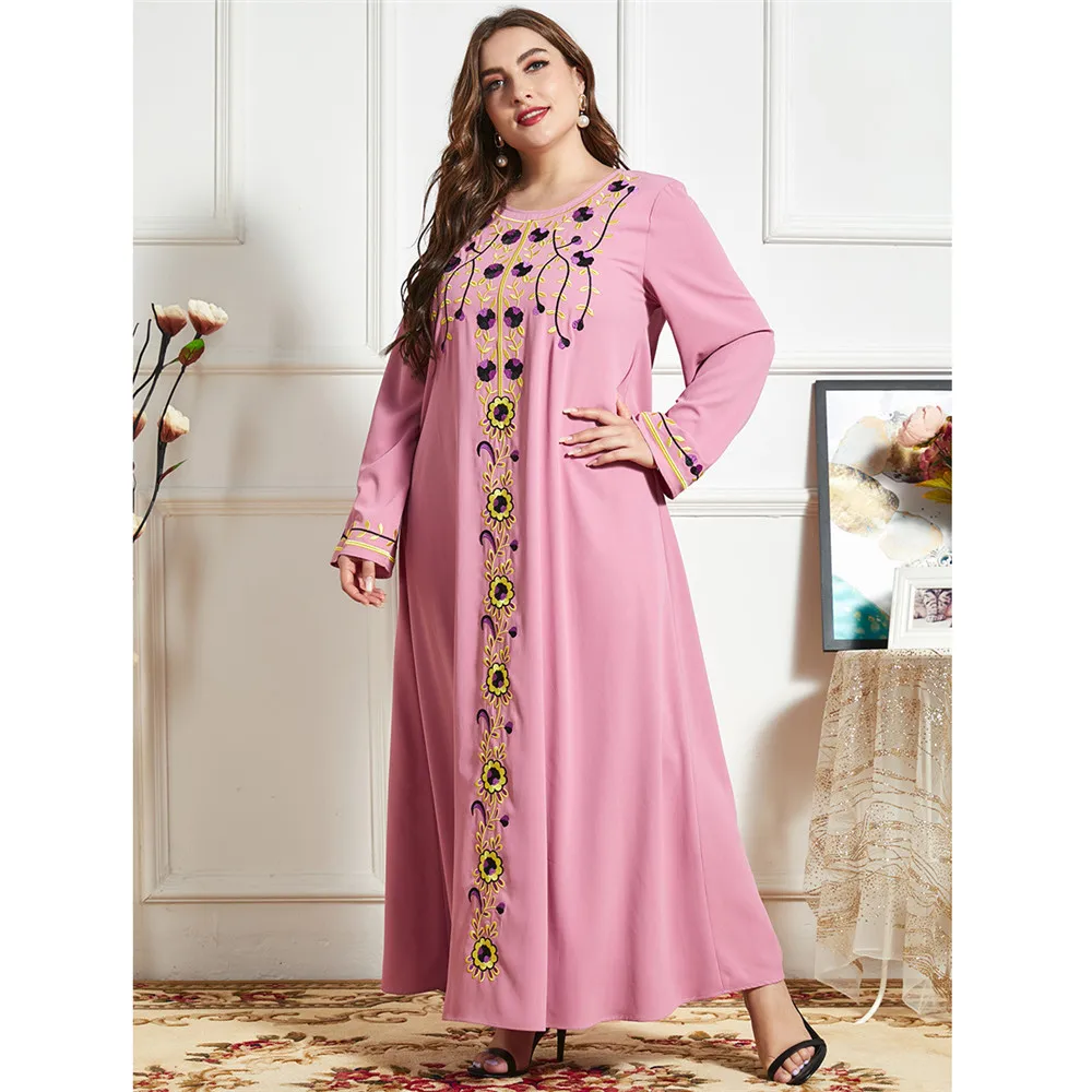 

Plus Size Women Embroidery Long Dress Arab Maxi Robe Dubai Middle East Kaftan Abaya Turkish Islamic Vestido Ramadan Malay Caftan