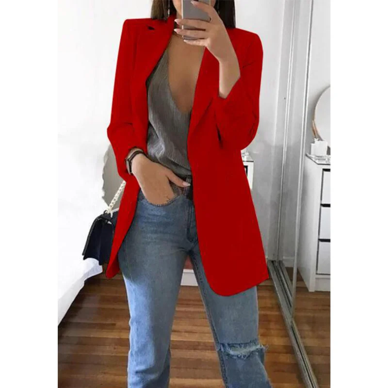 Однотонные женские куртки и пальто 5XL размера плюс, Осеннее болеро с длинным рукавом и отложным воротником, женские куртки с карманами - Цвет: Красный