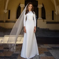 2022 boho simple long sleeves satin mermaid wedding dress elegant o neck pearls zipper back sweep train bridal gown for women
