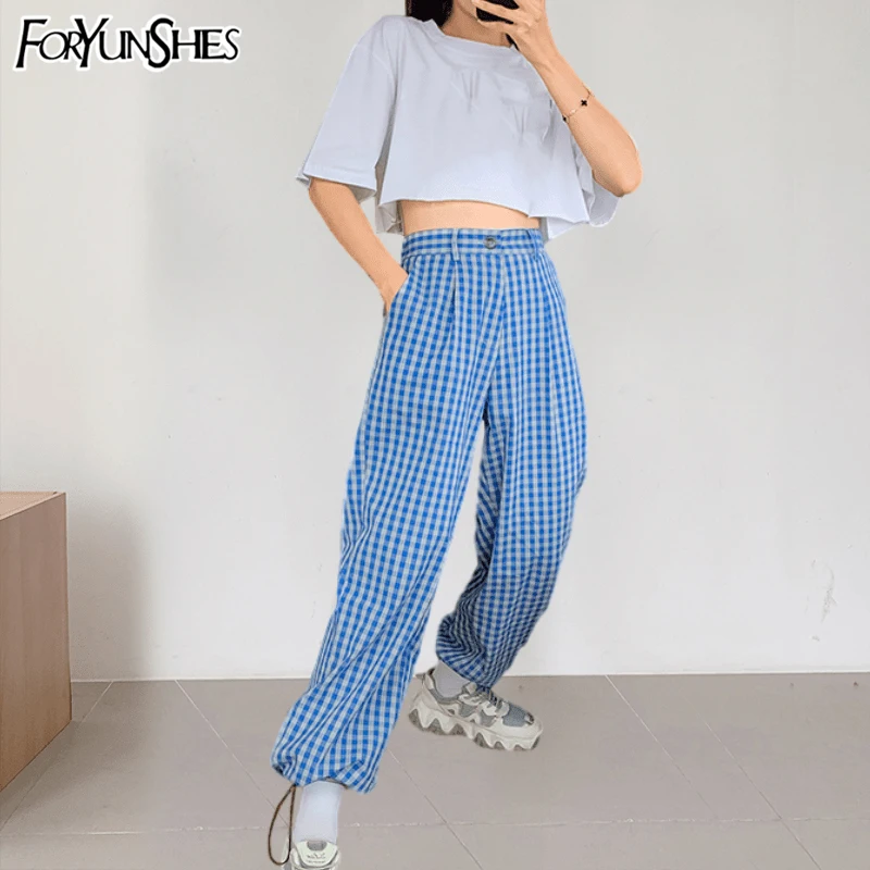 FORYUNSHES Харадзюку джоггеры брюки женские высокая талия плед свободные уличная
