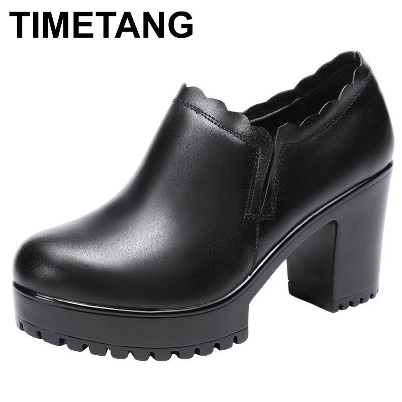 

TIMETANG кожаные туфли | Женские круглый носок туфли-лодочки на каблуке; Sapato feminino; Узкие туфли на высоком каблуке модные черные размера плюс; Бол...