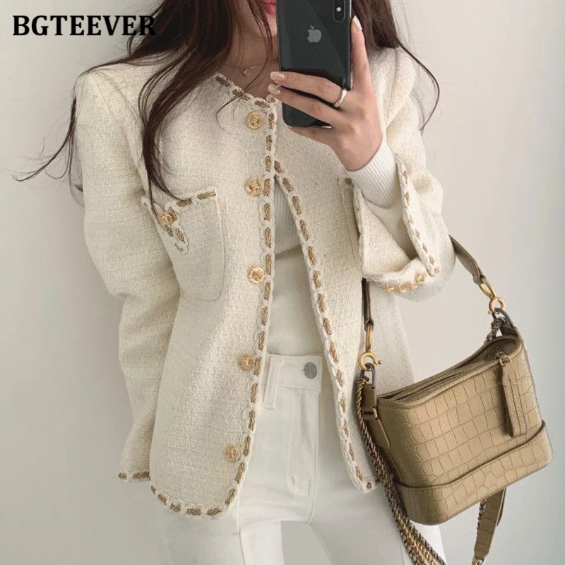 

BGTEEVER Stylish O-neck Single-breasted Women Blazer 2020 Autumn Winter Full Sleeve Slim Female Jacket Elegant Patchwork Outwear