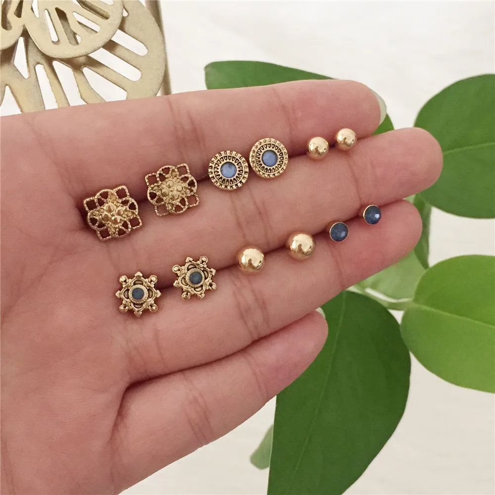 

Vintage Antique Gold Color Plating Navy Blue Stone Engraved Flower Ball 6 Pair Stud Earrings Pack For Women Gorgeous Gift Set