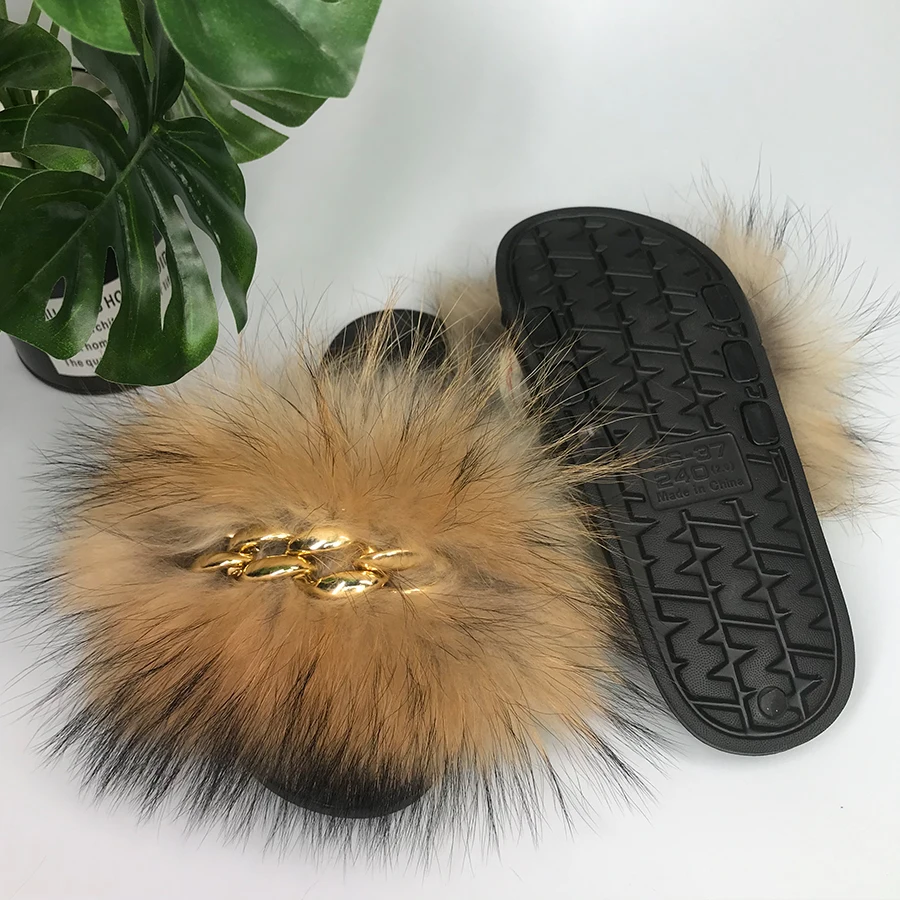 

Big Fox Fur Slippers Women Sandals 2021 New Fashion Slides Comfort Flat Flip Flops Fluffy Anti-Slippery Slippers