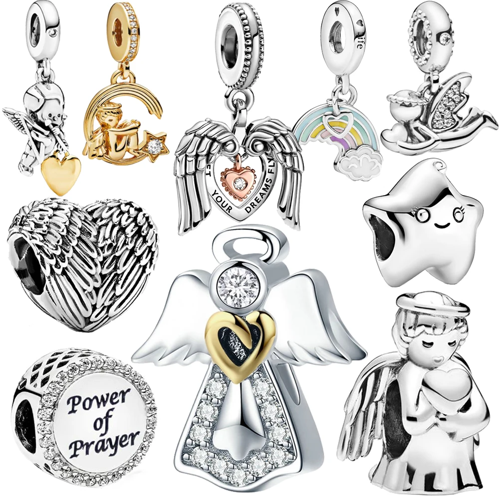 Новый 100% серебряные бусины 925 пробы Крылья Ангела любящее сердце брелоки