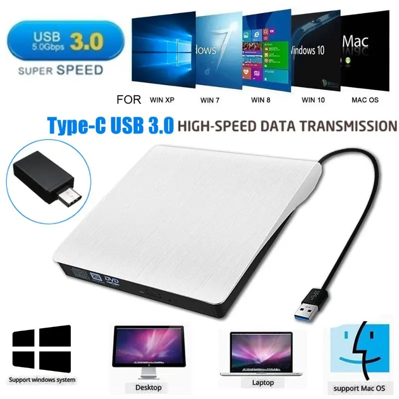 Внешний USB 3 0 Type C высокоскоростной DL DVD RW ГОРЕЛКА CD запись тонкий портативный