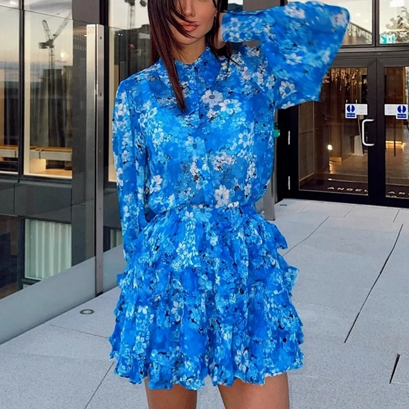 2021 Autumn Winter 2 Piece Women Set Blue Printed Fashion Long Sleeve Shirt Top Pleated Skirt Office Lady Matching Sets |