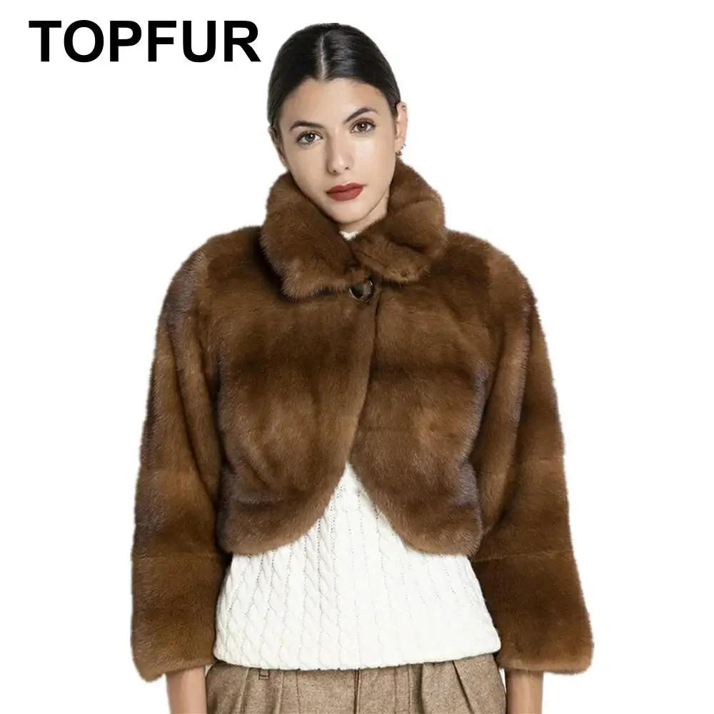 Новая Коричневая норковая шуба TOPFUR женская зимняя из натурального меха норки с