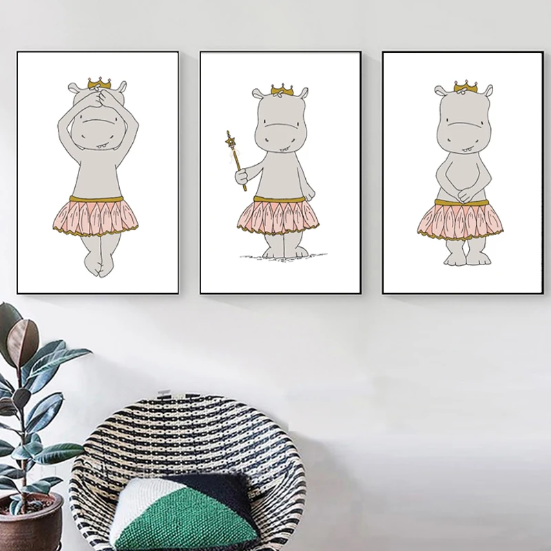 Детская Настенная картина в стиле бегемота принцессы балерина холст милые