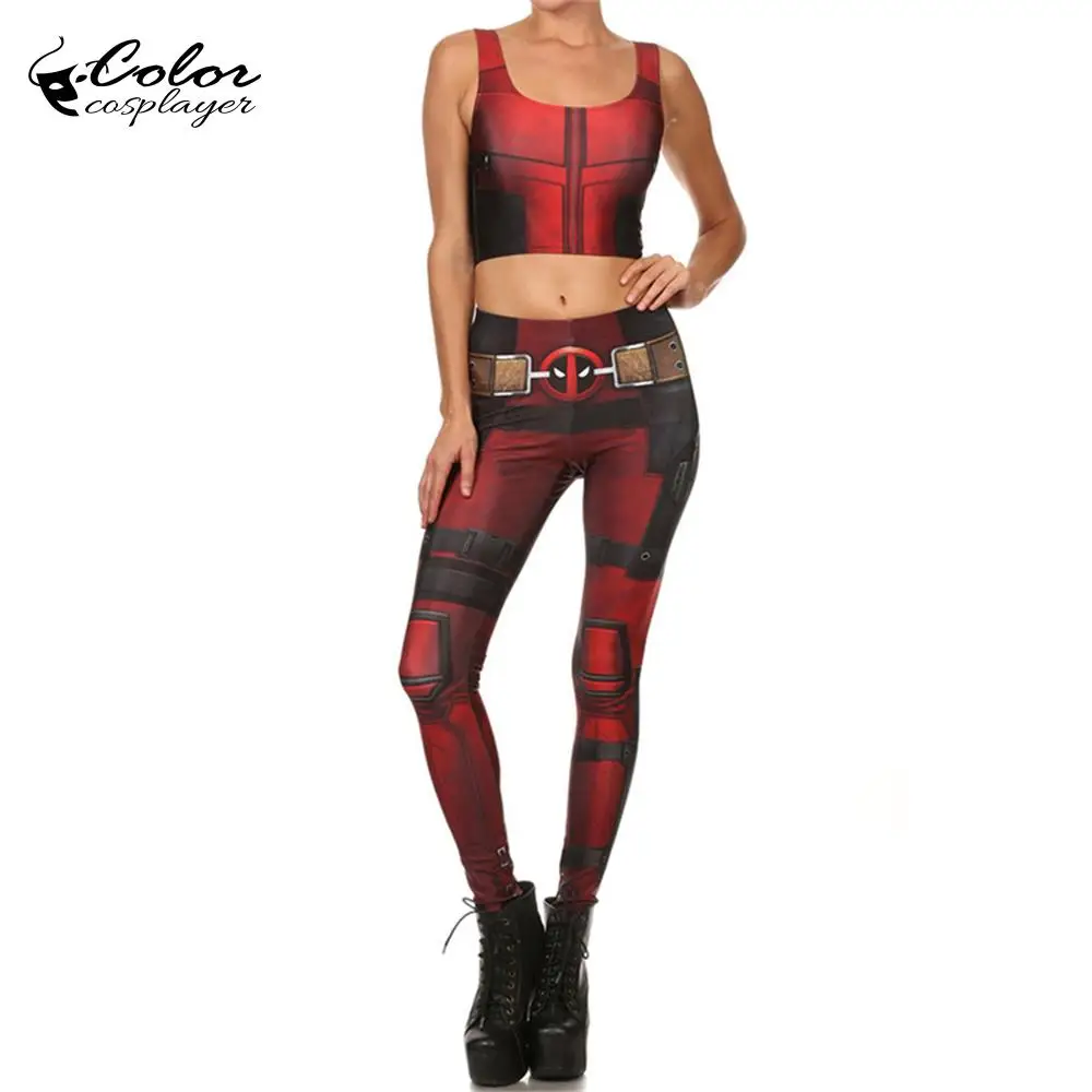 Цветные Cosplayer Super Hero наборы для косплея Deadpool Леггинсы женщин Purim Carnival Crop Tops модные