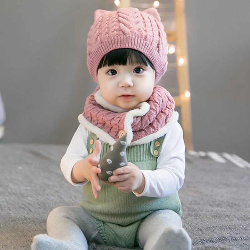 

Infant Baby Winter 2Pcs Beanie Hat with Button Circle Scarf Set Cartoon Cat Ears Knit Skull Cap Plush Lined Neck Warmer