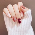 24pcsbox Flash Diamond and Star Pattern Decorated Wearable Short Fake Nails Wine Red Bean Paste Jumping Color Finished Nails TN