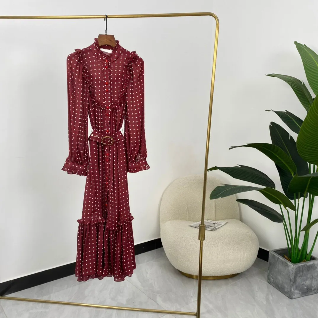 

Женское платье в горошек, винно-красное платье до середины икры с поясом, платье с длинным рукавом и съедобным краем, осень 2021