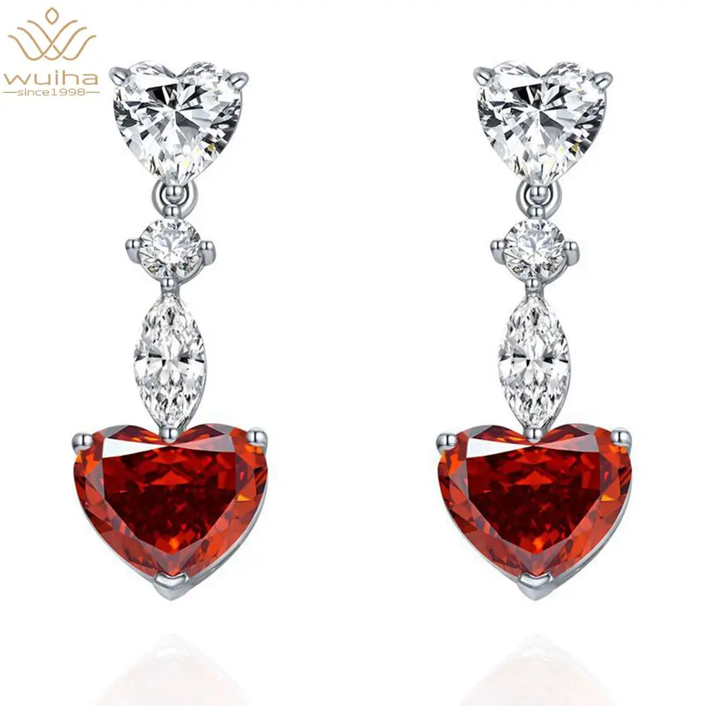 

WUIHA New 925 Sterling Silver Heart Created Moissanite Ruby Emerald Gemstone Drop Earrings For Women Sparkling Fine Jewelry Gift