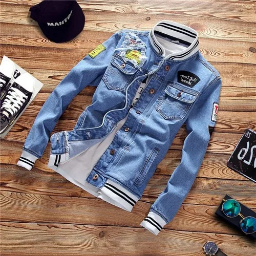 Wish430 Blue Однотонная Повседневная тонкая мужская джинсовая куртка размера плюс 5XL, мужская куртка-бомбер высокого качества в ковбойском стиле, Мужская джинсовая куртка Chaqueta Hombre - Цвет: Wish430 Blue