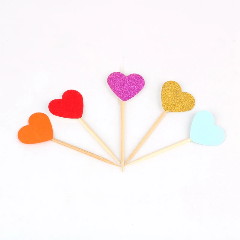 10 шт. разноцветные блестящие бумажные топперы в форме сердца для капкейков