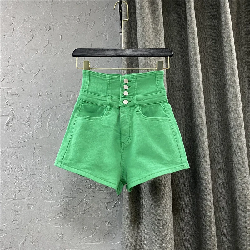 

Шорты женские джинсовые с завышенной талией, однобортные тонкие зеленые свободные штаны-трапеция из денима с широкими штанинами, лето 2021