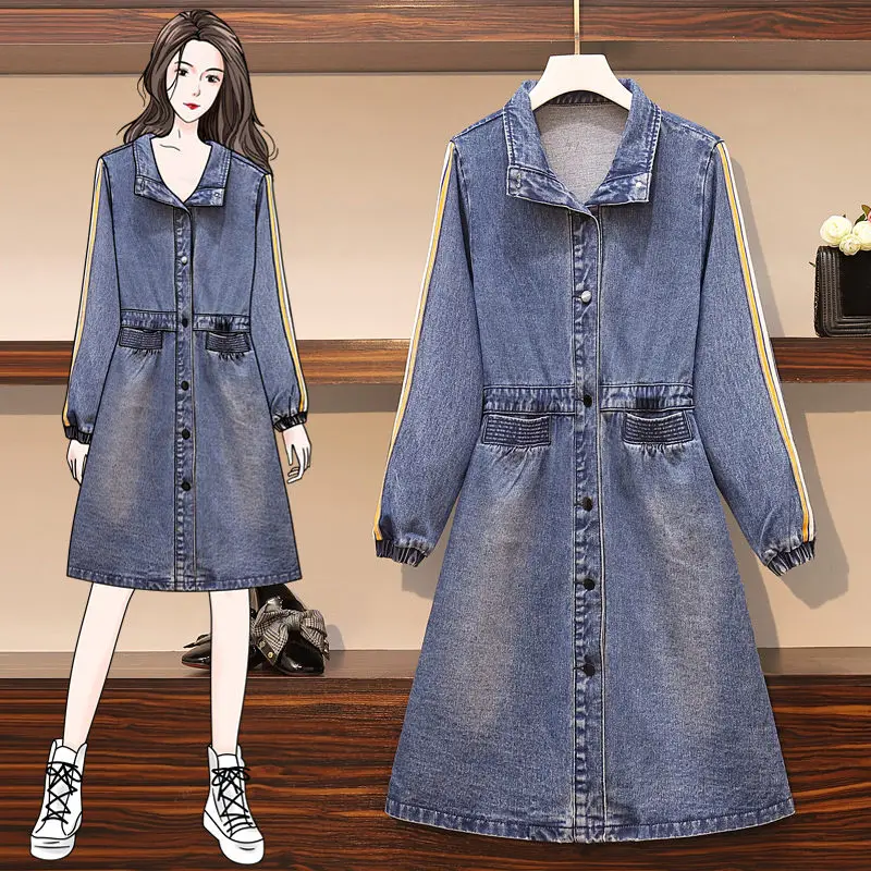 

Spring 2020 New Large Size Women's Slim Long Section Denim Windbreaker Jacket Dress Jeans Fashion Plus Size Cowboy Coat K582