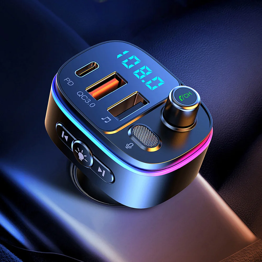

FM Transmitter Car Bluetooth-compatible 5.0 Handsfree Mp3 Player PD Type C QC3.0 USB Fast Charge Atmosphere Lamp Audio Receiver