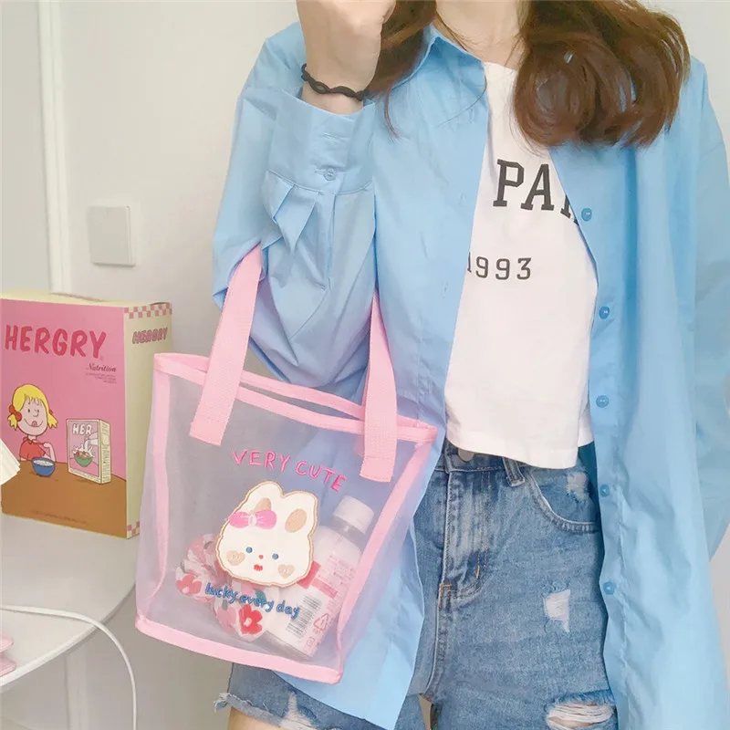 

New Korean Bear Rabbit Mesh Handbag Girls Summer Portable Travel Beach Bag Women Shopping Bags Gauze Hand Bags Fashion Tote Bag