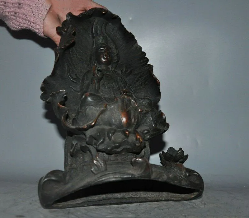 

wedding decoration Old Chinese bronze Lotus leaf Kwan-yin goddess Bodhisattva Guanyin Buddha statue
