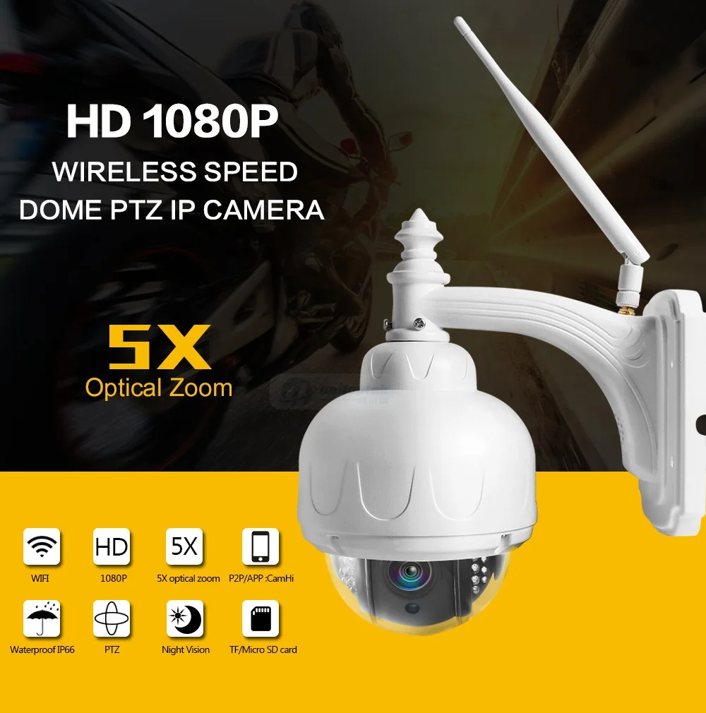 Full HD 1080P 2MP PTZ Беспроводная скоростная купольная ip-камера, Wifi, уличная безопасность, CCTV 2,7-13,5 мм, автофокус, 5X зум, SD карта, ONVIF P2P