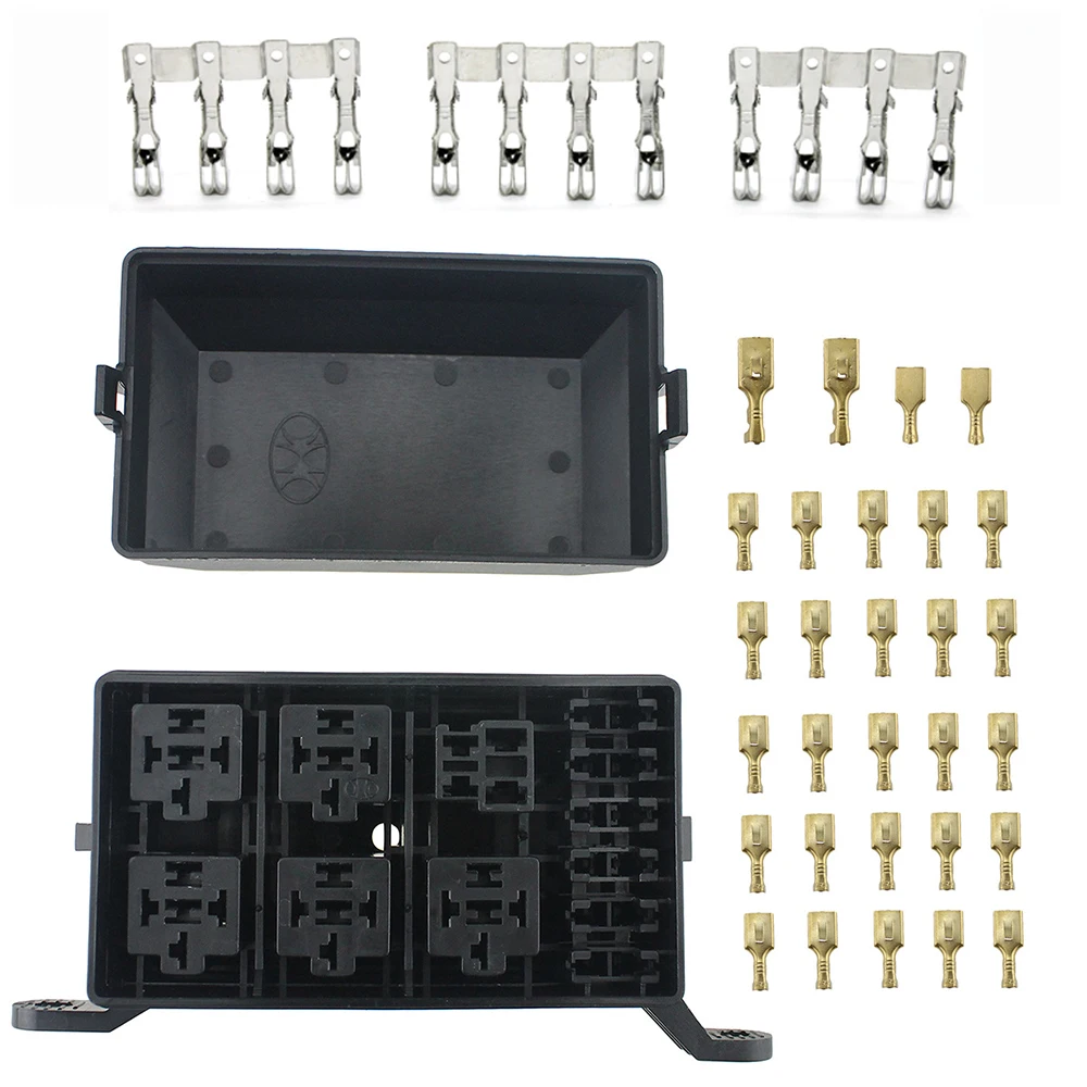 

12-Slot Fuse Relay Box,6 Relays Box, 6 ATC/ATO Fuses Holder Block with 41pcs Metallic Pins for Jeep Boat Car Marine Engine Bay