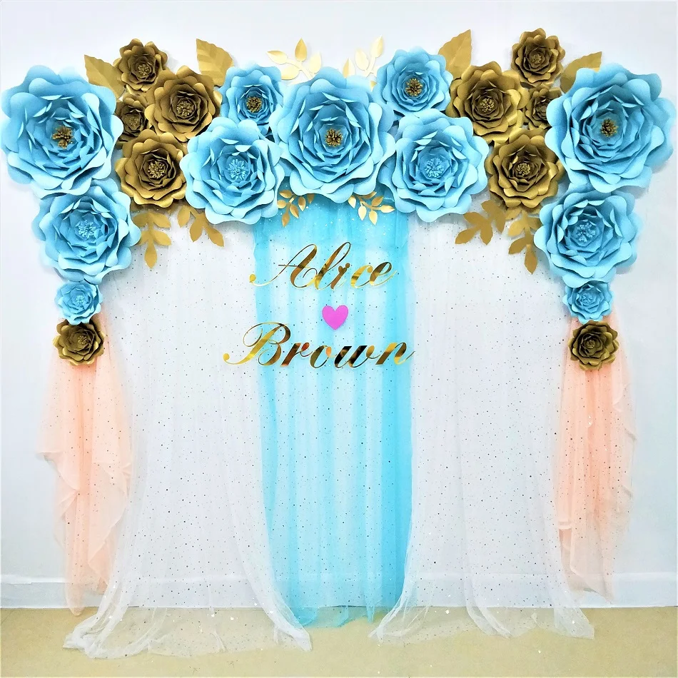 DIY гигантские Свадебные Бумажные цветы фон имя знак баннер голубое золото