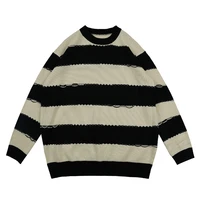 crew pullover striped spliced neck men retro japanese sweaters color harajuku high street oversize casual sweater couple clothes