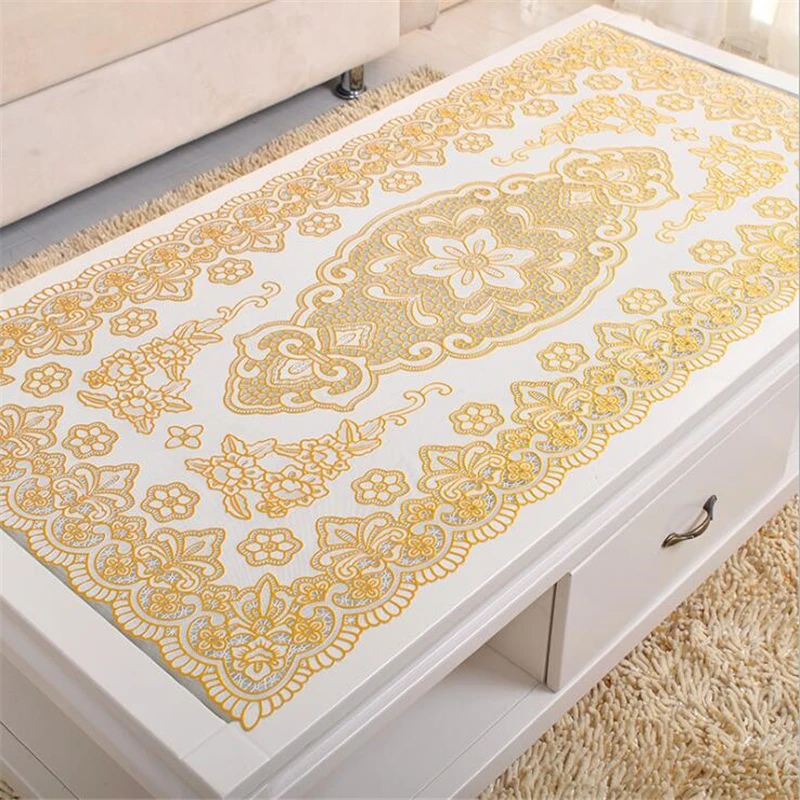 Роскошная вышитая скатерть из органзы золотого цвета с цветами ПВХ позолотой