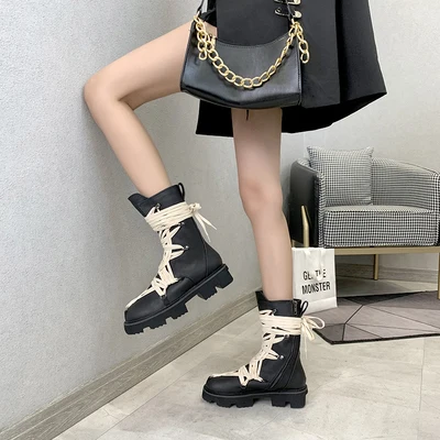 

Autumn Winter Fashion Martin Boots British Style Thick-soled Round Toe Height Increasing Cross-tied Mid-tube Side Zipper Boots
