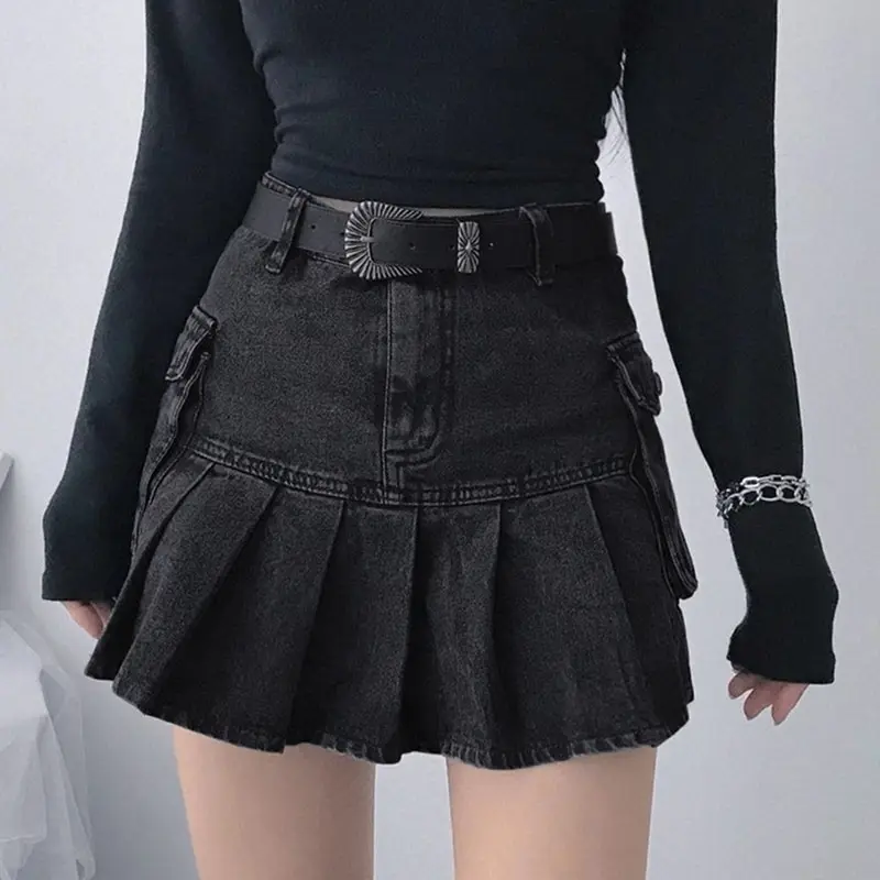 

Puimentiua Short A-Line Denim Skirts For Women Streetwear Pockets Above Knee Skirt Harajuku Korean Sexy Mini Skirts Clubwear