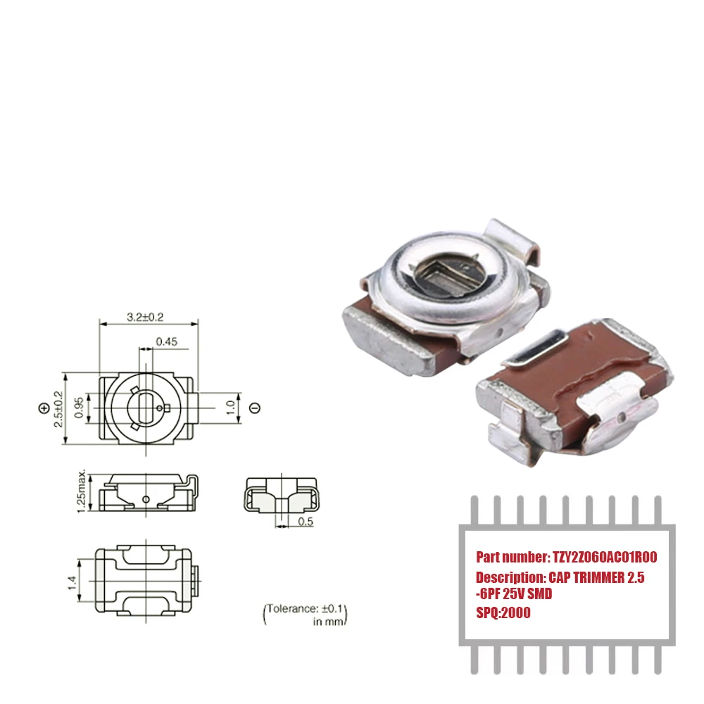 My Group Asia 2000PCS TZY2Z060AC01R00 Surface Mount  SMD 2.5 ~ 6pF 25V Top Trimmers, Variable Capacitors  in Stock