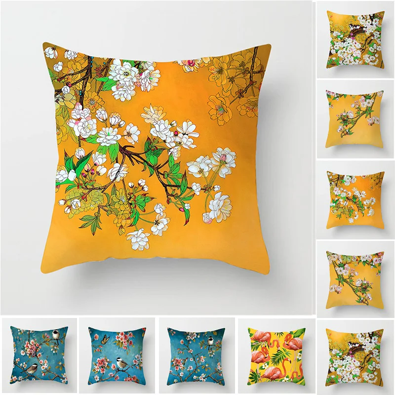 

Fuwatacchi New Plum Blossom Cushion Covers Flamingo Birds Cherry Pillow Cover for Home Chair Sofa Decoration Yellow Pillowcases