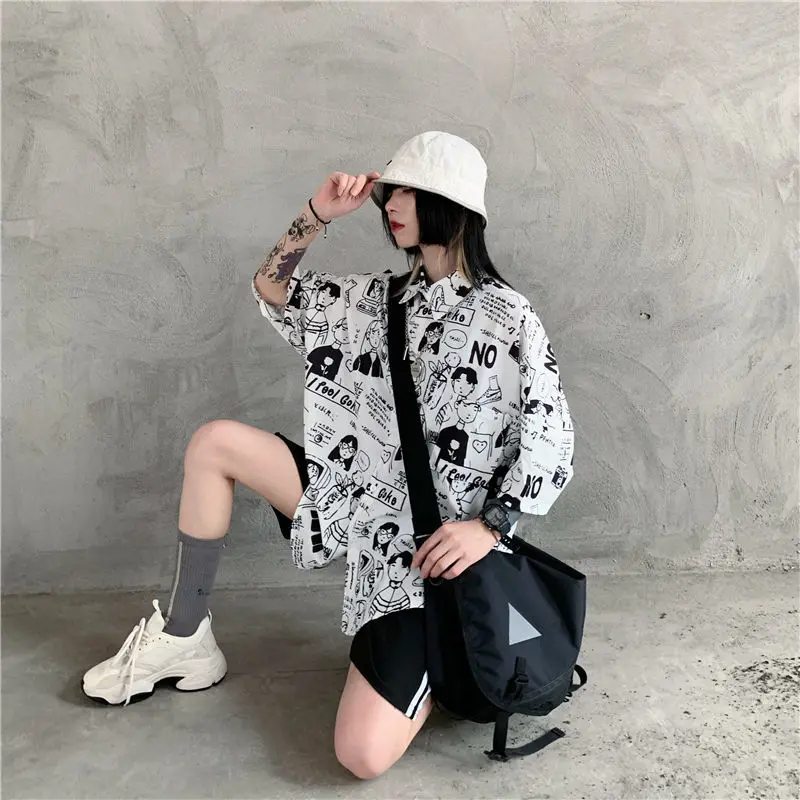 

Vintage Shirts Women Harajuku Print Summer 2021 Fsahion Button Up Cardigan Anime White Short Sleeve Oversize Blouses