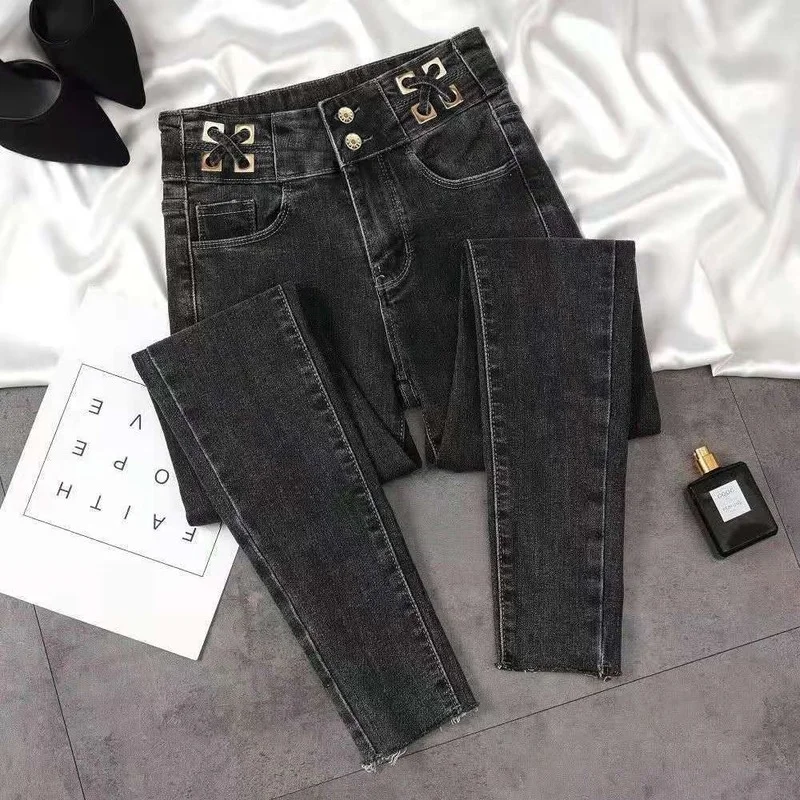 

High Waist Light-colored Ripped Jeans Women's Summer 2021 New Korean Version of Tight-fitting Thin Feet Nine-point Thin Section