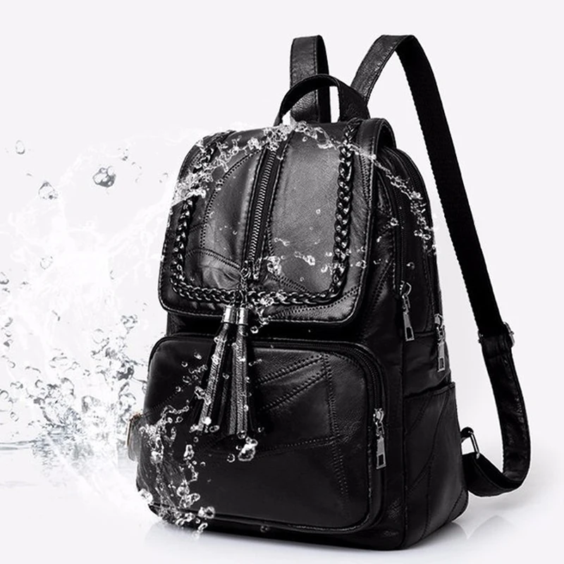 

European American Fringed Solid Color Backpack Women Black Travel Birthday Gift Simple Fashion Bag Zipper