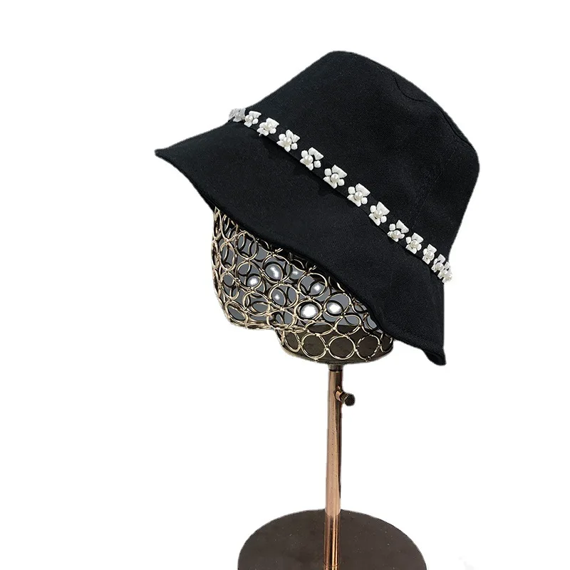 

Autumn Cotton Linen Black Casual Fisherman Hat Korean Pearl Big Brim Bucket Cap Women Beach Sun Hat Cylind Hat Girl Men Gorros