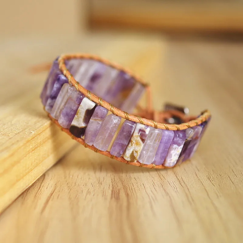 Женский кожаный браслет и в богемном стиле с фиолетовыми кристаллами|Браслеты