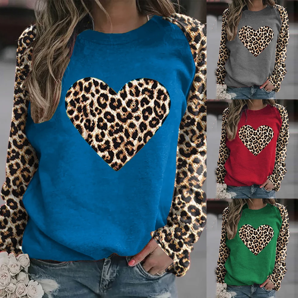 

Patchwork Leopard Printed Women Tee Shirt Blouses Round Neck Fashion Casual Ladies T-Shirt Autumn Casual Tshirt T Shirt Tops