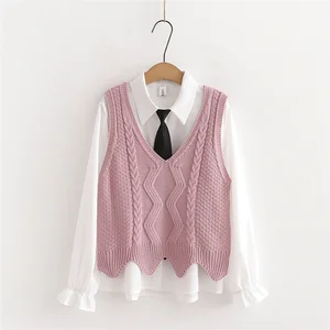 Женский комплект из двух предметов, белая блузка с галстуком и однотонный трикотажный жилет без рукавов с V-образным вырезом, осень 2020, женские комплекты в стиле преппи, одежда